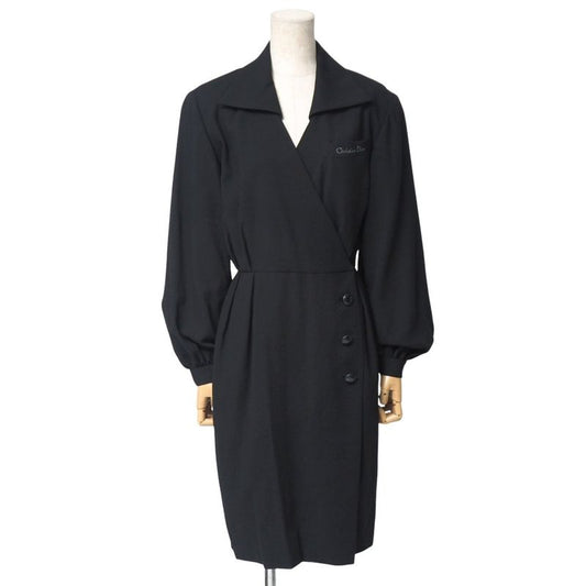 Christian DIOR Vintage Dress Size 9 Long Cache Coeur Logo Embroidery Wool