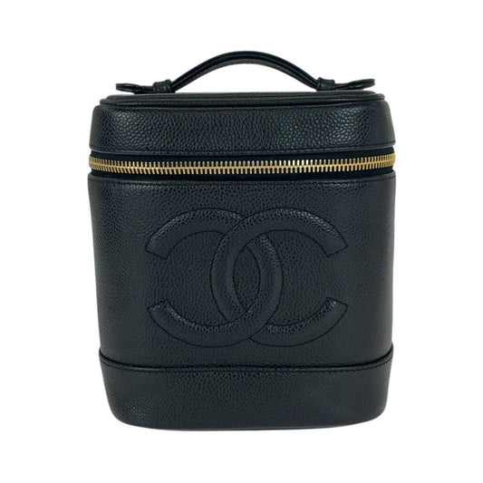 Chanel CC Logo Black Gold Caviar Leather Handbag Vanity Makeup Pouch