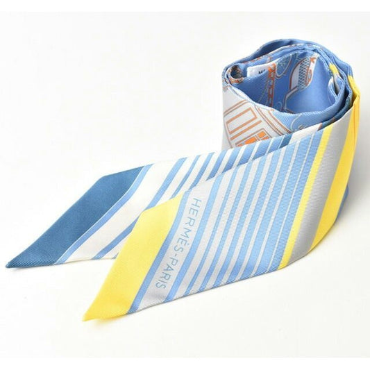 Hermes Twillye Scarf Silk Twill Carriage Motif Light Blue Yellow