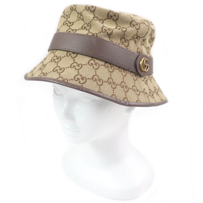 Gucci 576587 GG Canvas Logo Hardware Leather Piping Bucket Hat Beige S/57cm