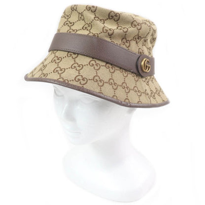 Gucci 576587 GG Canvas Logo Hardware Leather Piping Bucket Hat Beige S/57cm