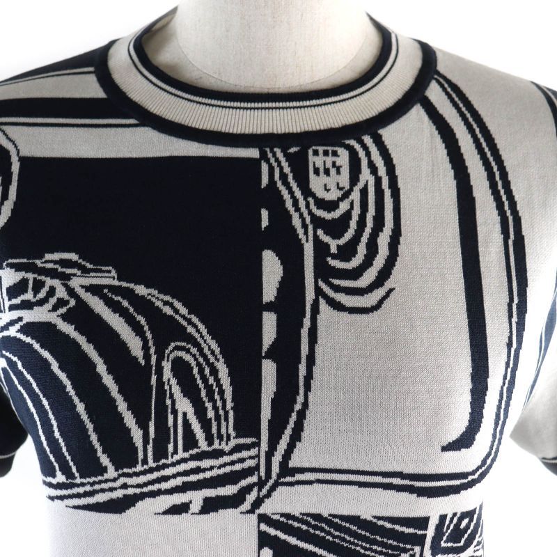 Hermes 24 Year None Order Silk Knit Jacquard Short Sleeve Knit Navy White 38