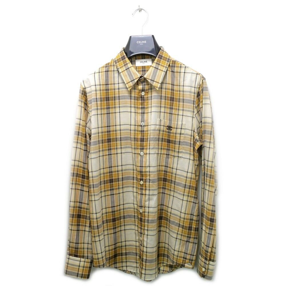 Celine Loose Shirt Lightweight Checked Cotton Sable Beige Brown 37