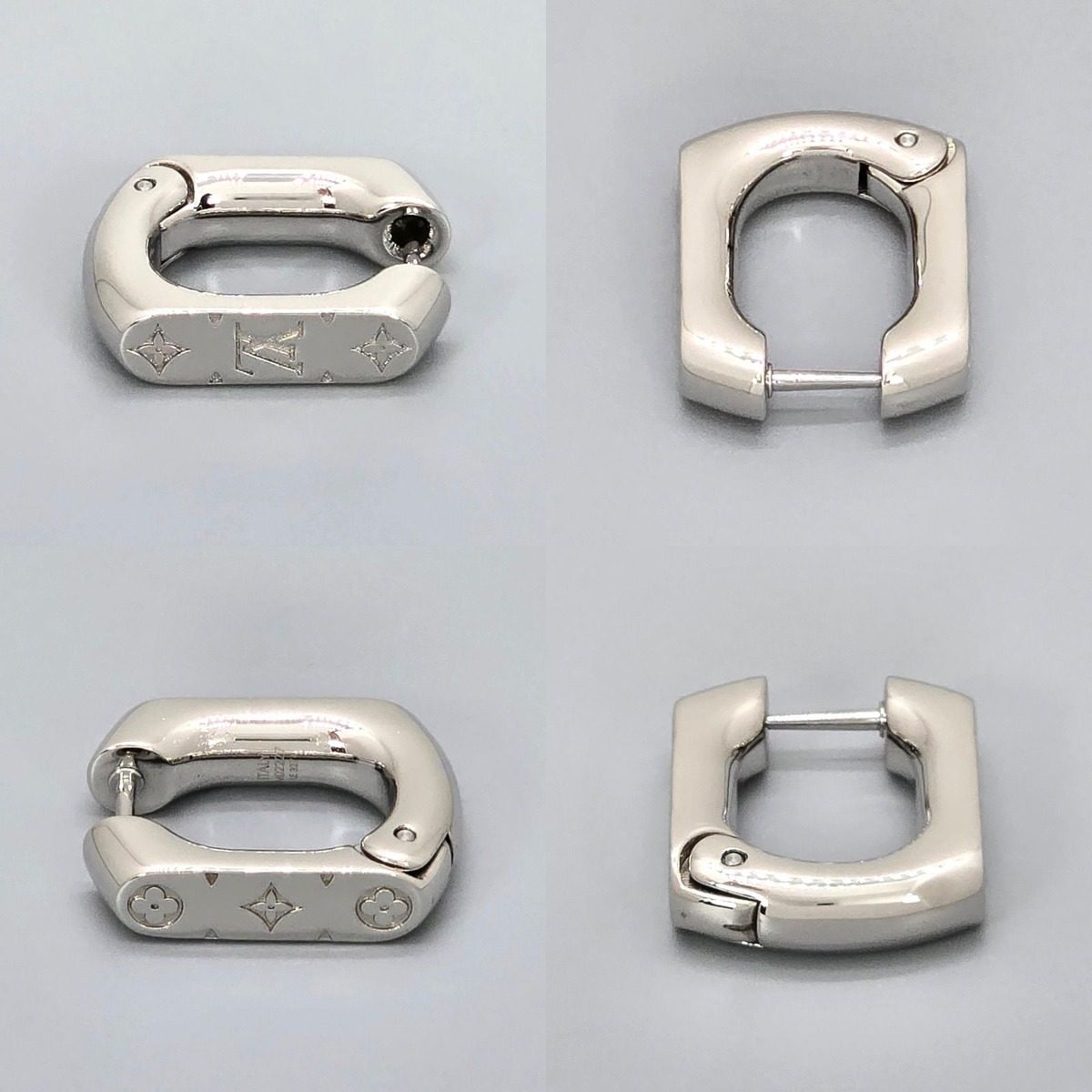Louis Vuitton Hoop Earrings Monogram Chain Single Ear Silver Color Meta Hinge — view 2