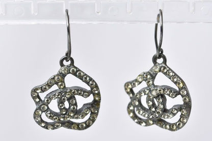 Chanel Earrings Camellia Motif With Coco Mark Rhinestones In Chrome Silver
