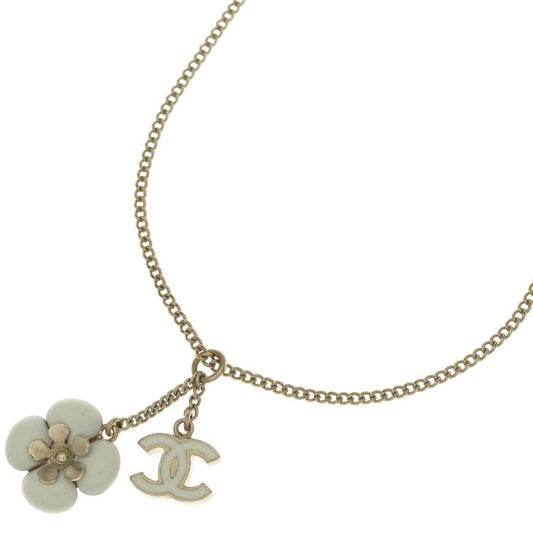 Chanel CC Logo Flower Motif Necklace Pendant Chain Gold White