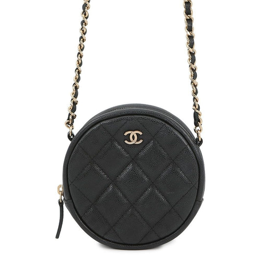 Chanel Chain Shoulder Bag Quilted CC Logo Round Caviar Leather