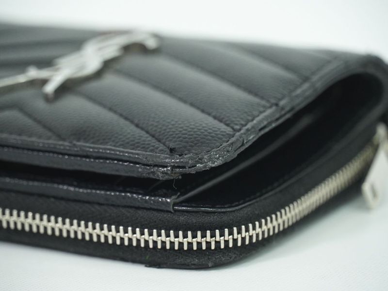 Authentic Saint Laurent YSL Logo Round Zipper Fold Wallet Compact Wallet