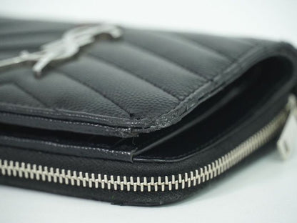 Authentic Saint Laurent YSL Logo Round Zipper Fold Wallet Compact Wallet