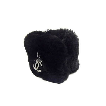 Chanel CC Logo Rabbit Fur 100% Fur Bangle Black Bracelet