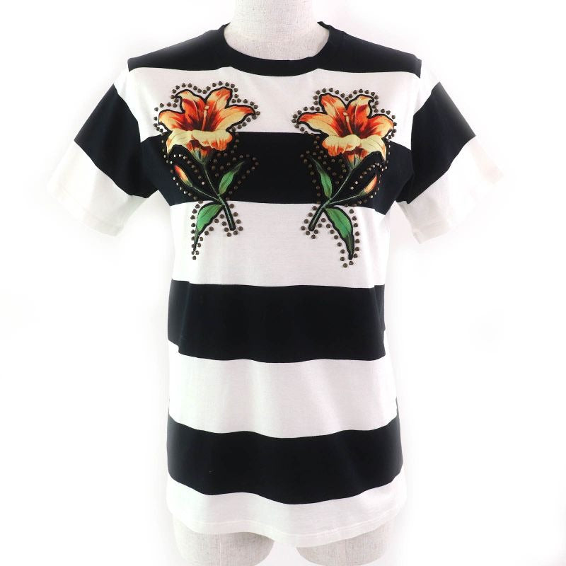 Gucci 100% Cotton Mare Gothicum Flower Studded Striped Crew Neck Short