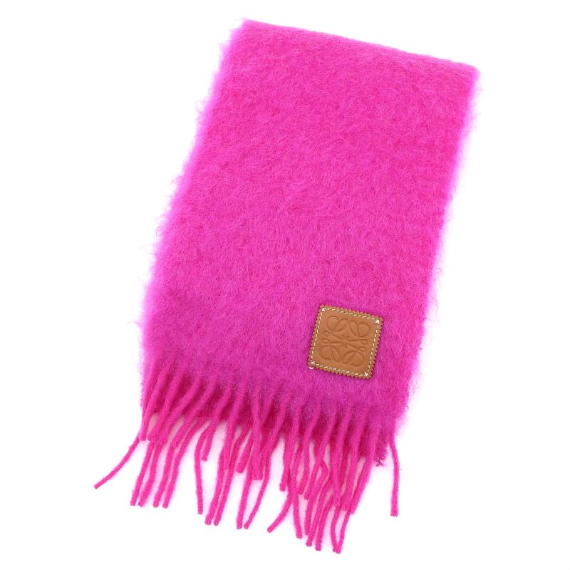 LOEWE Mohair Wool Anagram Leather Patch Fringed Scarf Pink Made In Spain