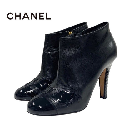 Chanel Boots Short Boots Shoes Leather Patent Black Here Mark Booties