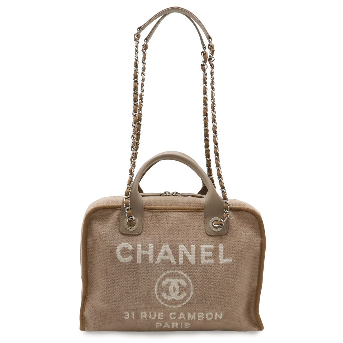 Chanel Deauville Bowling Bag 2-Way Chain Canvas Brown Beige Silver