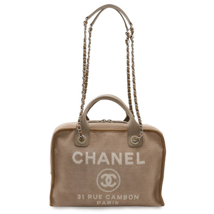 Chanel Deauville Bowling Bag 2-Way Chain Canvas Brown Beige Silver