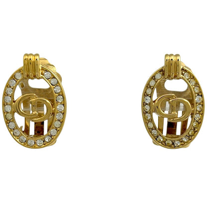 Dior Logo Rhinestone Earrings Oval CD Gold Plated
