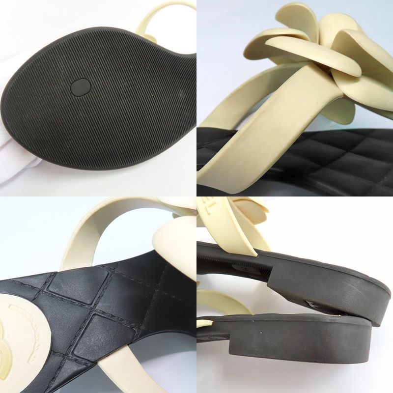 Chanel Camellia Beach Sandals Flat Heel 35 Black White Rubber Thong