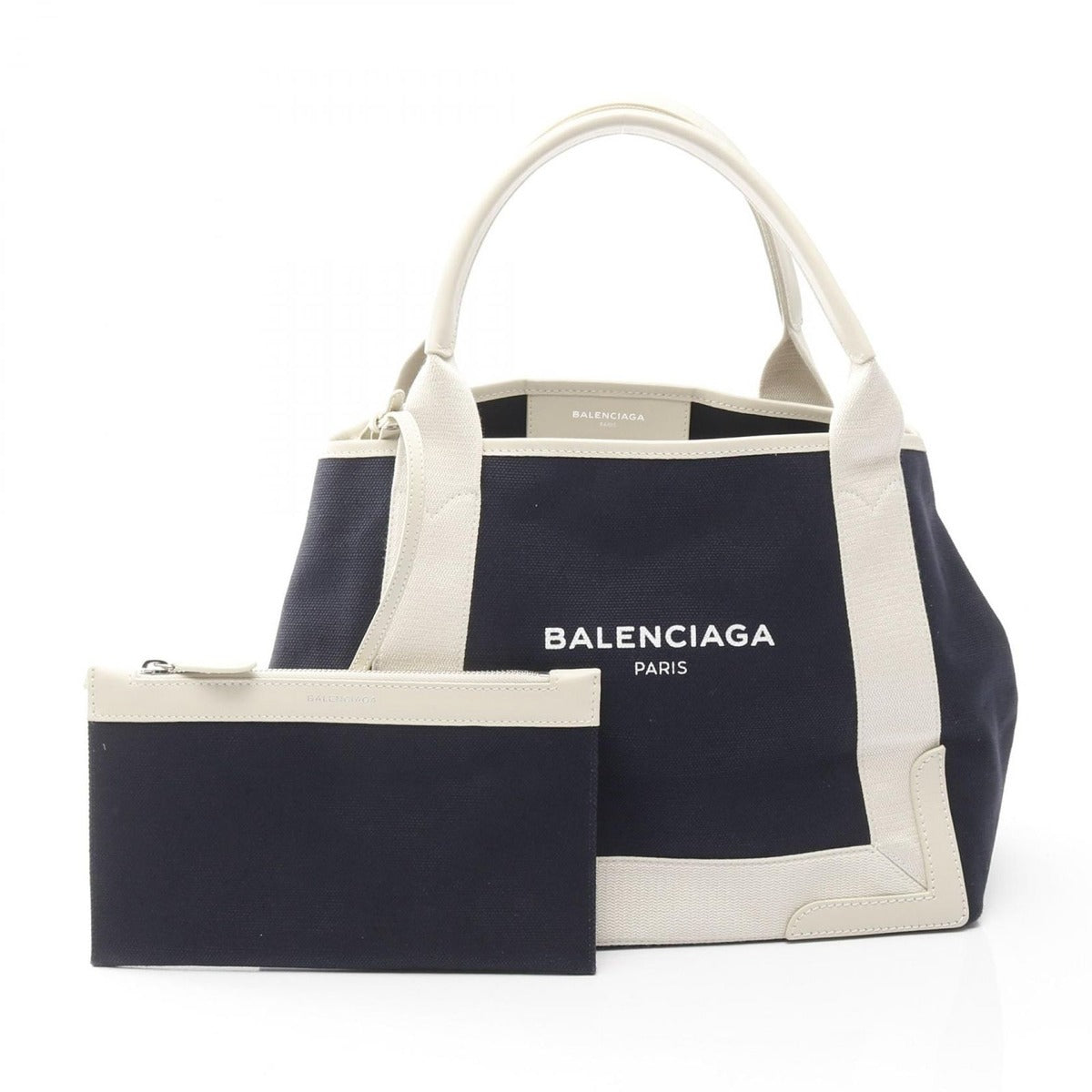 Balenciaga Tote Navy Cabas S White Canvas Leather Caba