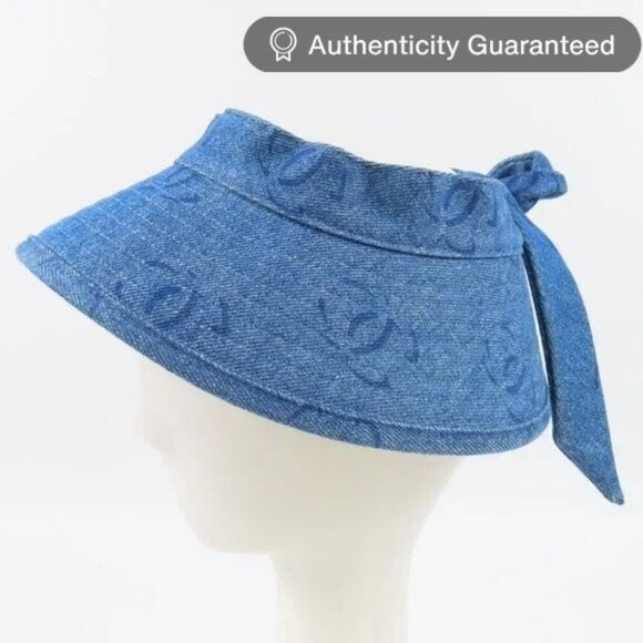 Chanel CC Denim Hat Sun Visor Ribbon Tie Wide Brim Bucket Cap Vintage