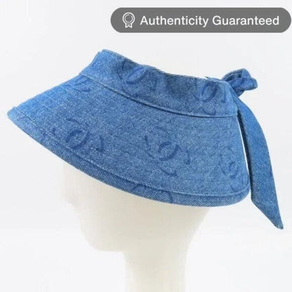 Chanel CC Denim Hat Sun Visor Ribbon Tie Wide Brim Bucket Cap Vintage