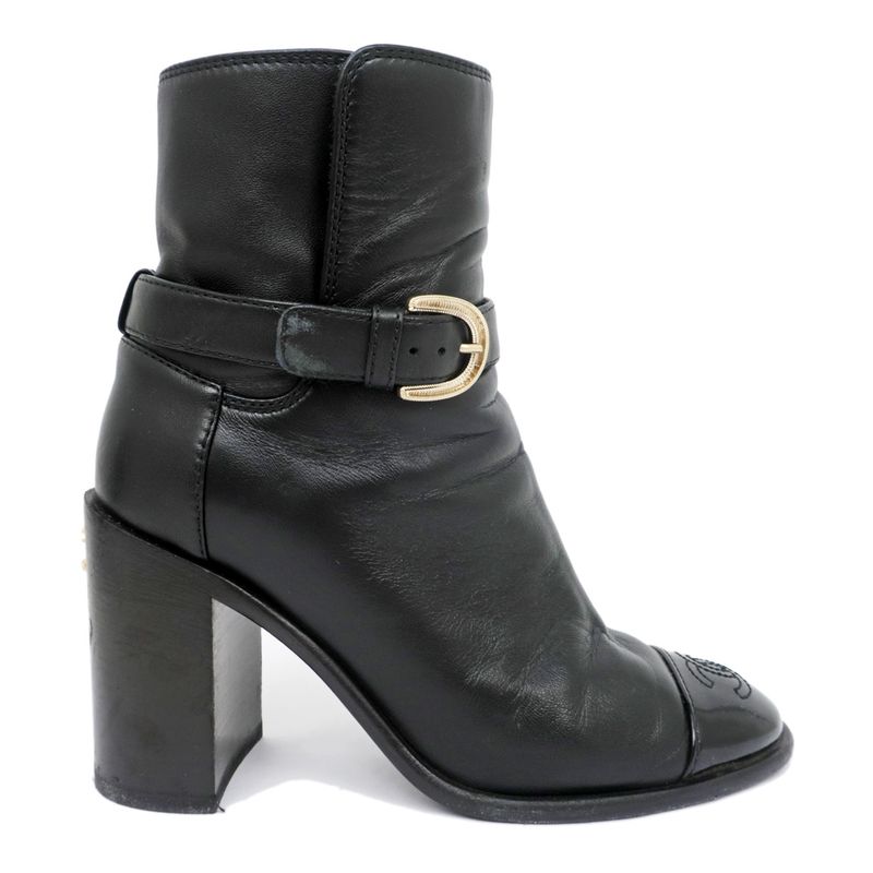 Chanel Ankle Boots 34 1 2C Black G38064 Leather Patent CC Mark Shoes