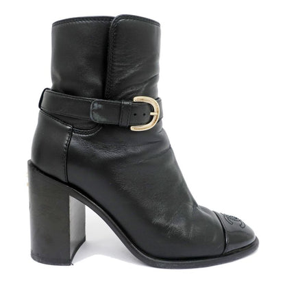 Chanel Ankle Boots 34 1 2C Black G38064 Leather Patent CC Mark Shoes