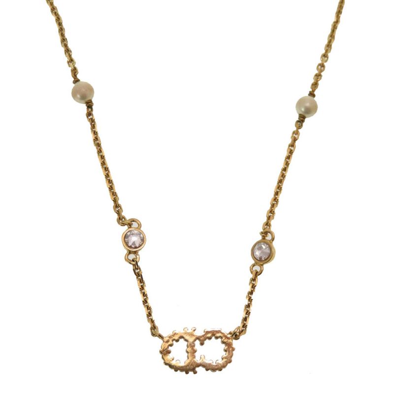 Christian Dior CD Logo Clairdlune Stone Faux Pearl Gold Necklace Accessory 0167