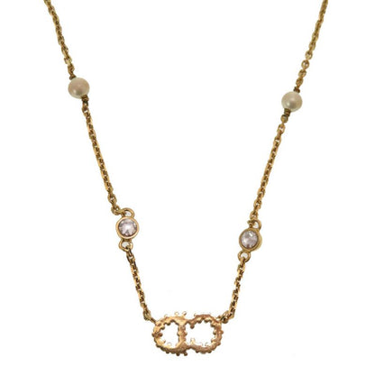 Christian Dior CD Logo Clairdlune Stone Faux Pearl Gold Necklace Accessory 0167
