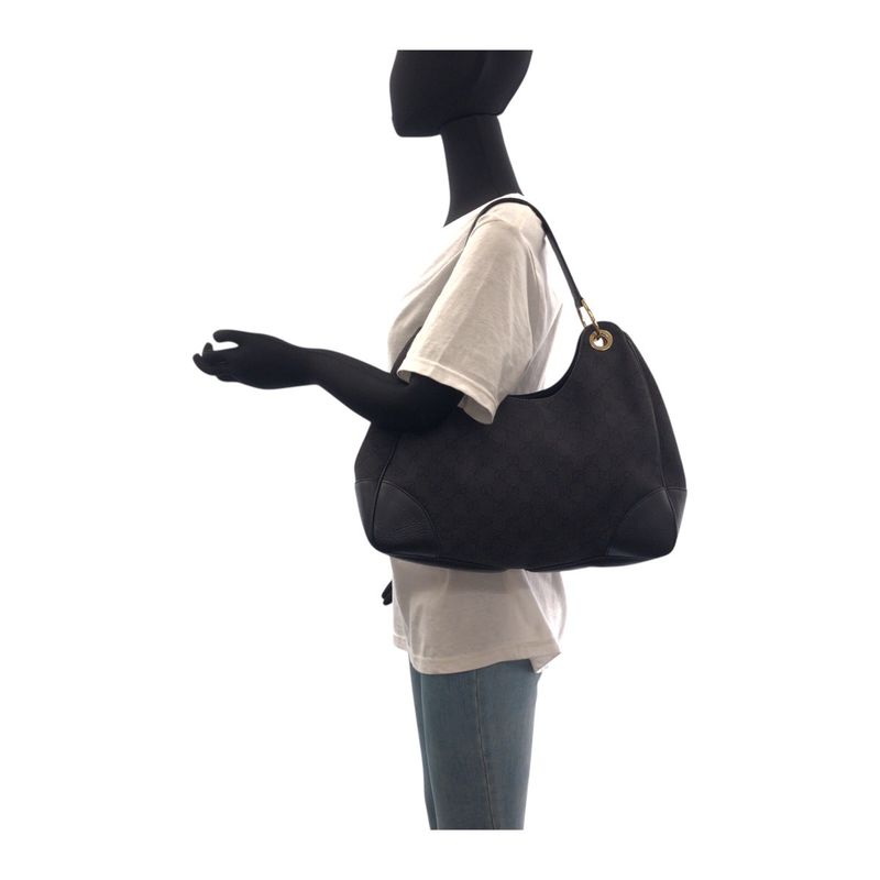 Gucci Black Gold Hardware GG Canvas/leather 257268 Shoulder Bag Handbag Women