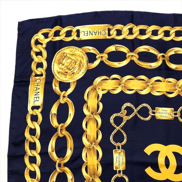 Chanel Chain Logo Scarf Large Silk 100% Navy