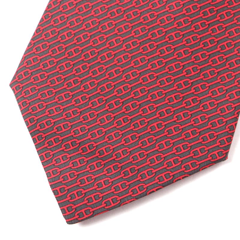 Hermes 5261 100% Silk Anthracite/rouge Cravat Chaine D'ancre Patterned Tie