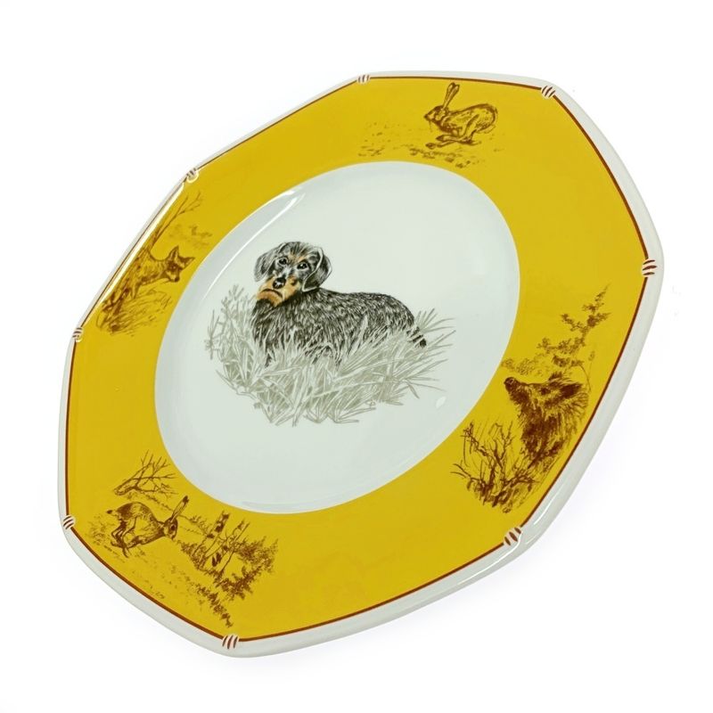 Hermes Porcelain Chasse Dachshund Dishware with Box Yellow 386994 Dish