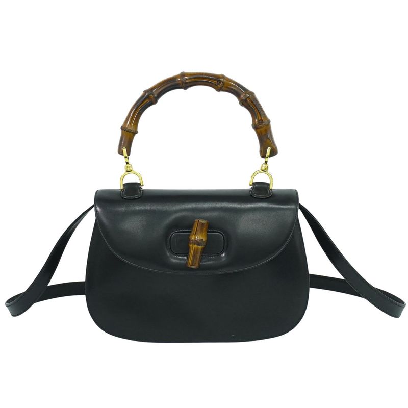 Authentic Gucci Bamboo 2WAY Shoulder Bag Handbag Pochette Leather Black Bamboo