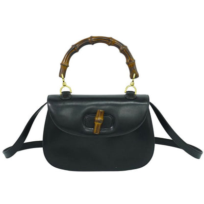 Authentic Gucci Bamboo 2WAY Shoulder Bag Handbag Pochette Leather Black Bamboo
