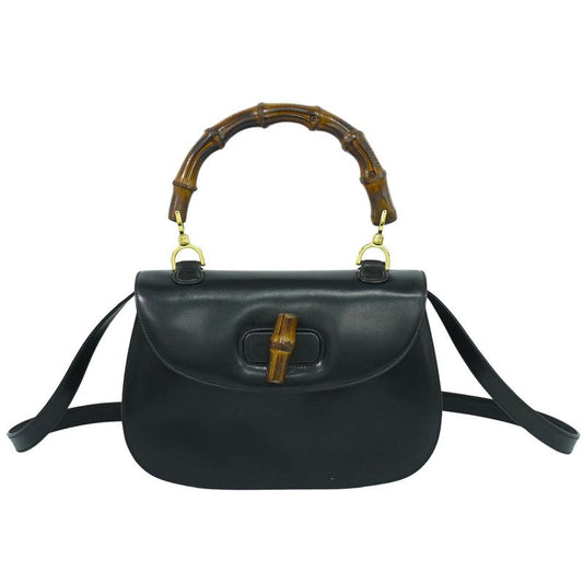 Authentic Gucci Bamboo 2WAY Shoulder Bag Handbag Pochette Leather Black Bamboo