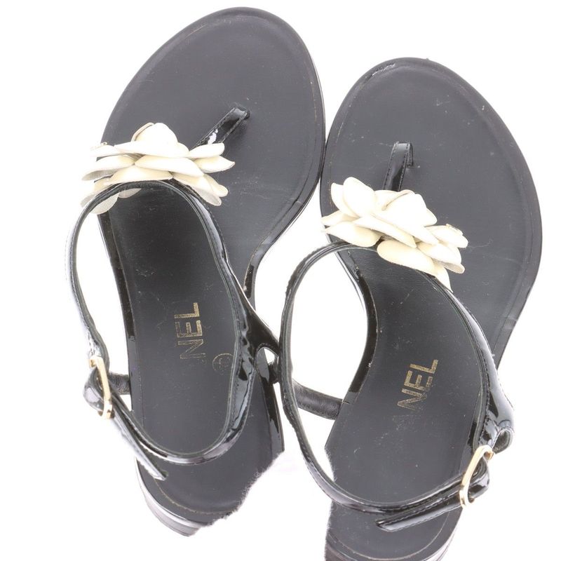 Chanel Coco Mark Camellia Patent Leather Sandals Women's 35C Black And Ivory