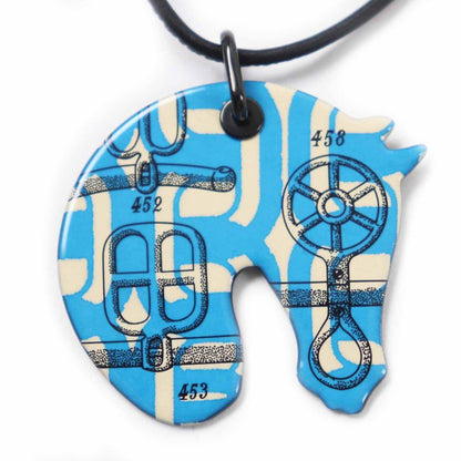 Hermes Tattersall PM Buckle Workshop Necklace Pendant GP Enamel Blue Beige