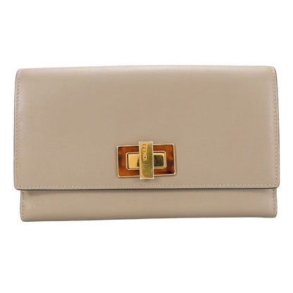 Fendi Bifold Wallet 8m0308 Peekaboo Leather Beige Glaze Gold Hardware Long