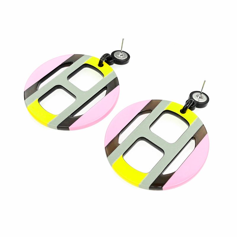 Hermes Earrings H Equipe Buffalo Horn Pair Multicolor Pink Gray Yellow