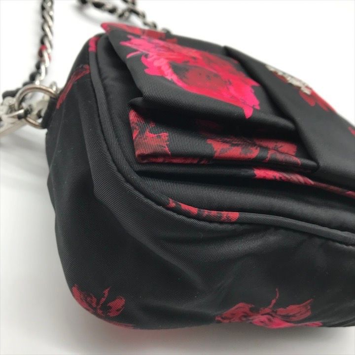 Prada Nylon Tessuto Logo Flower Floral Pattern Mini Chain Shoulder Pouch Black