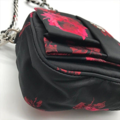 Prada Nylon Tessuto Logo Flower Floral Pattern Mini Chain Shoulder Pouch Black