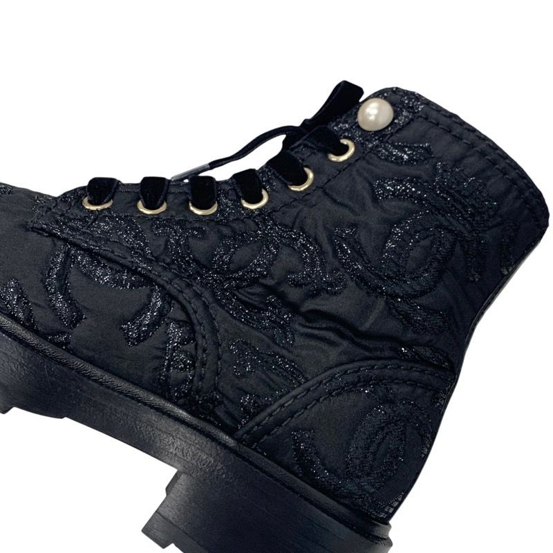 Chanel Boots Short Boots Shoes Fabric Black Here Mark Lace Up Pearl