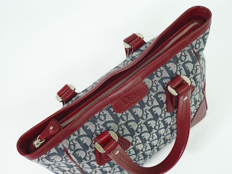 Authentic Christian DIOR Trotter Tote Handbag Canvas Leather Navy Bordeaux