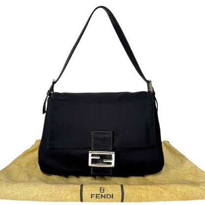 FENDI Mamma Zucca Bucket Baguette Shoulder Flap Bag Black Purse Tote