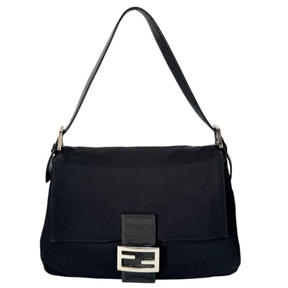 FENDI Mamma Zucca Bucket Baguette Shoulder Flap Bag Black Purse Tote