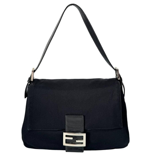 FENDI Mamma Zucca Bucket Baguette Shoulder Flap Bag Black Purse Tote