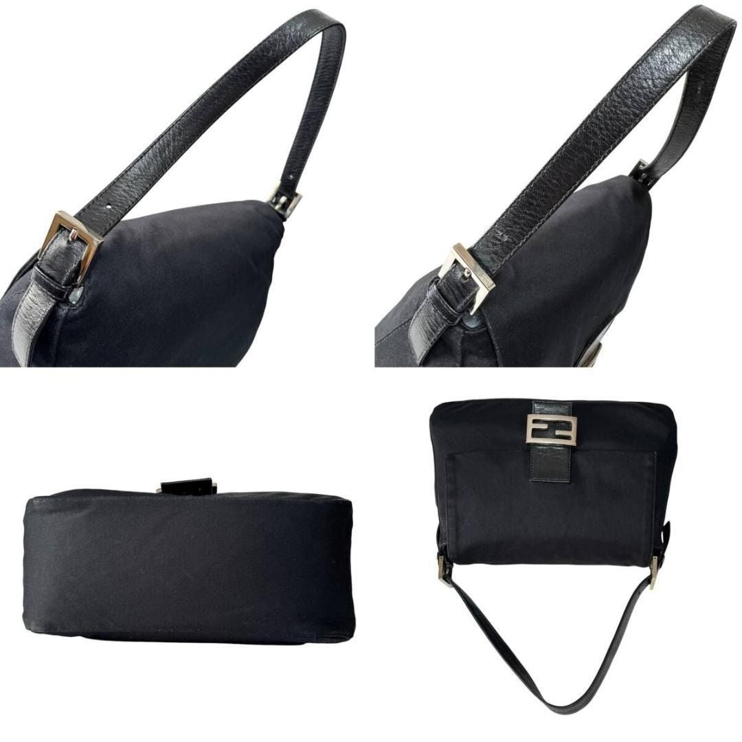 FENDI Mamma Zucca Bucket Baguette Shoulder Flap Bag Black Purse Tote