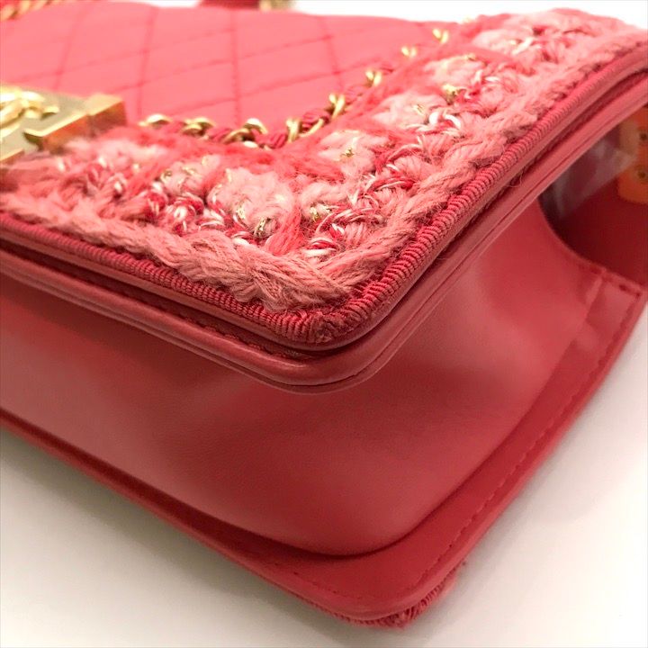 Chanel CC Logo Tweed Lambskin Chain Shoulder Bag Pink Gold