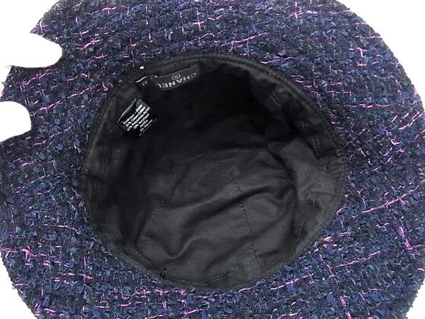 Chanel Coco Mark Cotton And Nylon Tweed Hat Hat Size 57 Women's Navy Fg1566