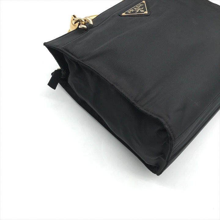 Prada Triangle Logo Nylon Tessuto Metal Handle Hand Bag Black Gold